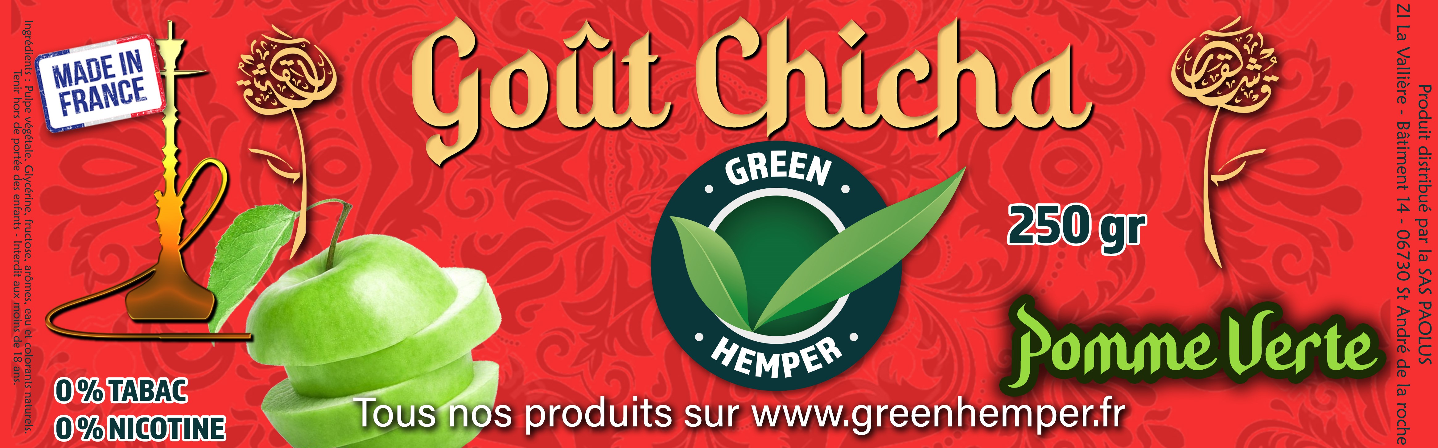 Goût chicha parfum Pomme Verte - 250 Gr 